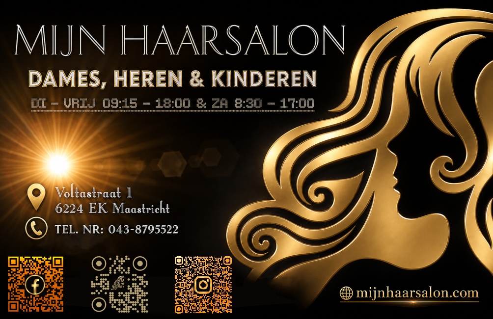 Visitekaartje van Mijn Haarsalon met openingstijden, adres, telefoonnummer en website